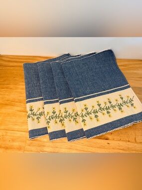 Set of 4 Park Designs Blue Ribbed Placemats Yellow Floral Panel RN70244